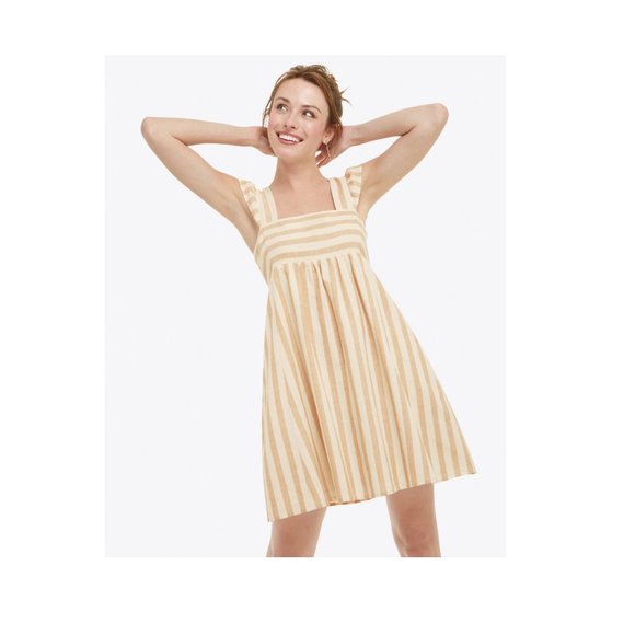 Draper James Linen Blend Babydoll Dress in Awning Stripe Tan Cream Size L - Picture 2 of 14